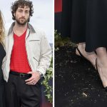 Jodie Comer and Aaron Taylor-Johnson attend the "28 Years Later" photocall at Publicis Champs Elysees on June 4, 2025 in Paris, France, along with a closeup loook at Comer's strappy sandal.