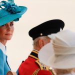 LONDON, ENGLAND - JUNE 14: Catherine, Princess of Wales at Horse Guards Parade during Trooping The Colour 2025 on June 14, 2025 in London, England. Trooping The Colour is a ceremonial parade celebrating the official birthday of the British Monarch. The event features over 1,400 soldiers and officers, accompanied by 200 horses. More than 400 musicians from ten different bands and Corps of Drums march and while performing. (Photo by John Phillips/Getty Images)