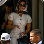Lauren Sanchez leaves the Aman Hotel on her wedding day with Amazon's founder Jeff Bezos, in Venice on June 27, 2025.