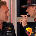 Red Bull team principal Christian Horner in conversation with Max Verstappen