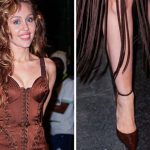Miley Cyrus seen in NYC on June 5 in archival Jean Paul Gaultier corset fringe mini dress and matching shiny stilettos with an ankle strap.