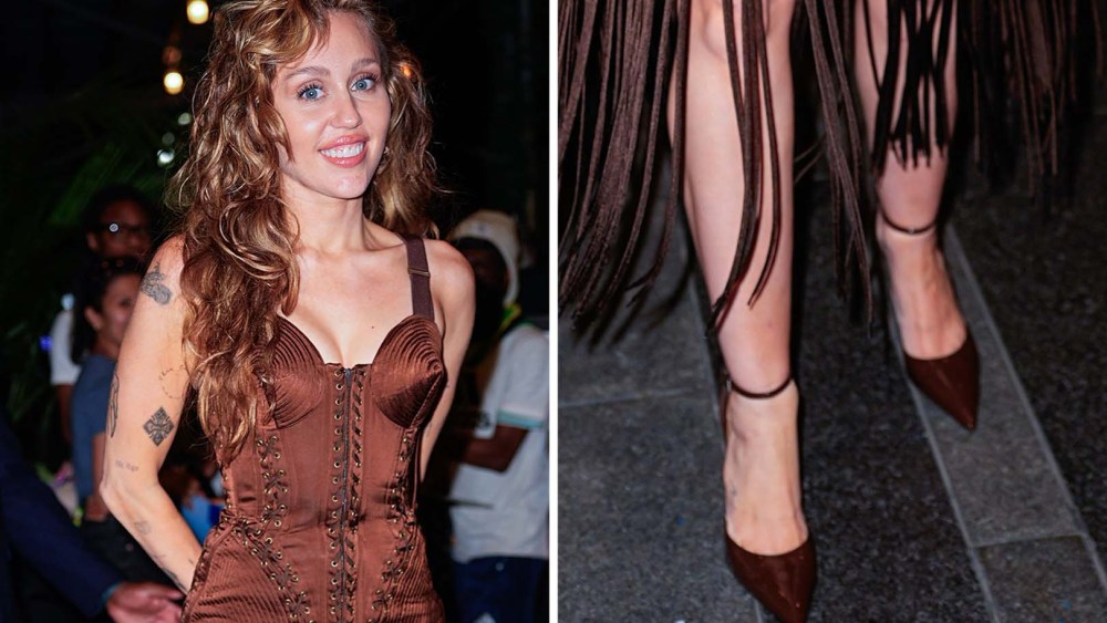 Miley Cyrus Wears Brown Gaultier Dress, Ankle-strap Heels in NYC