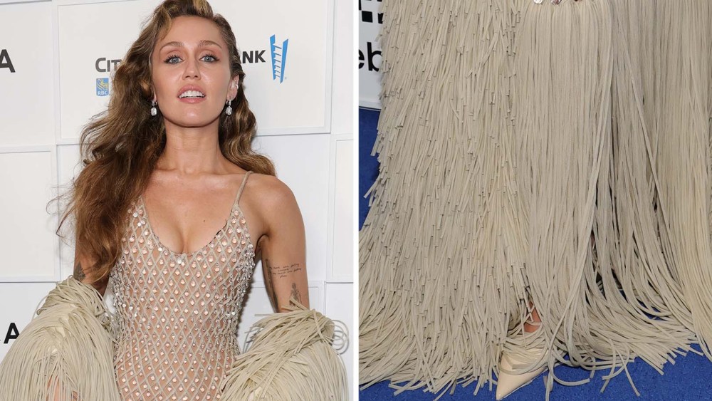 Miley Cyrus Wears Ivory Paris Texas Heels, Schiaparelli Dress in NYC