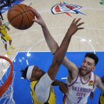 Oklahoma City Thunder forward Chet Holmgren (7) dunks against the Indiana Pacers during the second half of Game 5 of the NBA Finals basketball series, Monday, June 16, 2025, in Indianapolis. (Matthew Stockman/Pool Photo via AP)