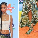 Tyla attends the 2025 Nickelodeon Kids' Choice Awards wearing Rene Caovilla’s Cleo Satin Crystal Snake Wrap Sandals on June 21, 2025 in Santa Monica, Calif.