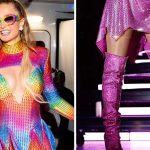 Paris Hilton performing at Outloud 2025 in West Hollywood in two pairs of Stuart Weitzman boots.