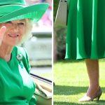 Queen Camilla smiles and waves as she attends day two of Royal Ascot at Ascot Racecourse on June 18, 2025 in Ascot, England, where she wore Eliot Zed cap toe heel shoes.
