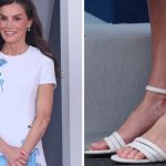 Queen Letizia of Spain attends the Armed Forces 2025 Day on June 7, 2025 in Tenerife, Spain wearing Hugo Boss Melanie 50 Block-Heel sandals in white nappa leather.