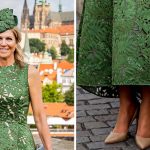 Queen Maxima of The Netherlands visits the Charles Bridge on the second day of the Dutch State visit on June 5, 2025 in Prague, Czech Republic, and details of her Gianvito Rossi tan nappa leather pumps.