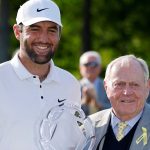 DUBLIN, OH - JUNE 01: Scottie Scheffler (USA) with Jack Nicklaus following his win in the final round of the Memorial Tournament presented by Workday 2025 on June 01, 2025 at Muirfield Village Golf Club in Dublin, Ohio. (Photo by Joe Robbins/Icon Sportswire) (Icon Sportswire via AP Images)