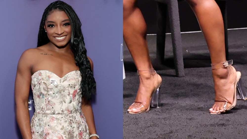 Simone Biles Blooms in Floral Dress & Clear Sandals at Netflix Event