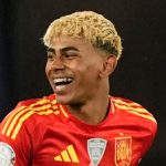 Spain's Lamine Yamal celebrates after scoring his side's third goal against France during the Nations League semifinal soccer