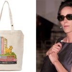 a frances valentine tote bag depicting a dog and books; kate spade in sunglasses and a black dress