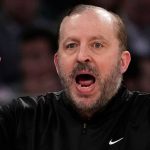 New York Knicks head coach Tom Thibodeau during the first half of an NBA basketball game against the Cleveland Cavaliers Friday, April 11, 2025, in New York. (AP Photo/Seth Wenig)