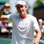 Oliver Tarvet celebrates winning his match against Leandro Riedi on day one of the 2025 Wimbledon Championships at the All England Lawn Tenn
