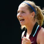 Hannah Klugman reacts during her match against Yulia Putintseva on day one of the Rothesay Open at the Lexus Nottingham Tennis Centre, Notti