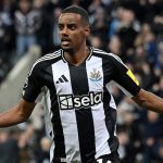Alexander Isak celebrates after giving Newcastle the lead against Brentford on the stroke of half-time