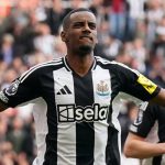 Alexander Isak celebrates after scoring Newcastle's opening goal against Ipswich from the penalty spot
