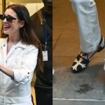 Anne Hathaway wearing Stubbs & Wootton slippers for "The Devil Wears Prada 2" in New York City on July 30, 2025.