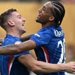 Liam Delap and Joao Pedro celebrate after Chelsea's Club World Cup win