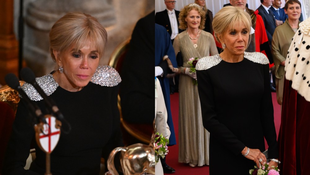 Brigitte Macron Opts for Statement Shoulders for London Banquet