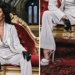 Catherine Zeta-Jones in a white Kiton suit and white platform Le Silla Sandals with crystal details for the "Wednesday" Season Two photocall in London.