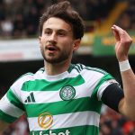 Nicolas Kuhn celebrates after doubling Celtic's lead at Dundee United
