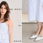Daisy Edgar-Jones in kitten heel slingback shoes and a Gucci ensemble at Wimbledon on Sunday.