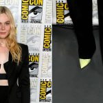 Elle Fanning in neon green pumps while at 2025 Comic-Con promoting "Predator: Badlands" on Saturday.