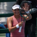 Emma Raducanu of the United Kingdom waves to fans after winning a women's singles match against Maria Sakkari of Greece on day 5 of the Muba