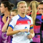 England's Leah Williamson reacts at the end of the Euro 2025, group D, soccer match between France and England