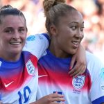 Lauren James celebrates with Ella Toone after scoring her second and England's third goal (AP Photo/Alessandra Tarantino)