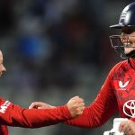 Danni Wyatt-Hodge and Sophie Ecclestone celebrate England's thrilling final-ball win over India in the fifth T20I at Edgbaston