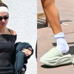 Hailey Bieber wearing Skylrk slippers in Los Angeles on July 23, 2025.