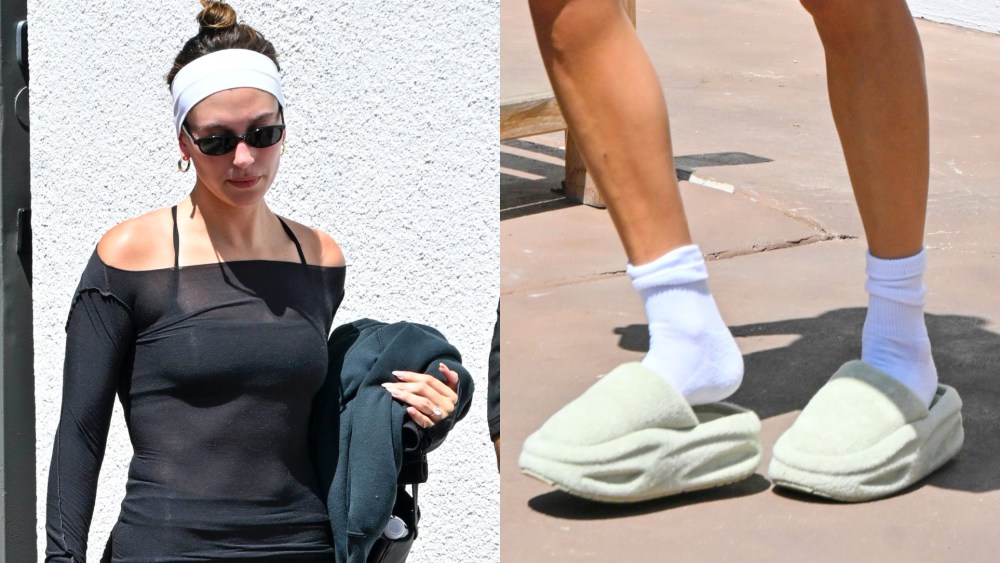 Hailey Bieber Reps Justin Bieber’s Skylrk Line With Sculpted Slippers