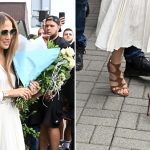 Jennifer Lopez wears Tom Ford Paradis suede sandals while out in Warsaw, Poland on Friday.