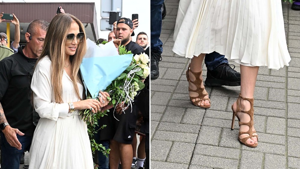 Jennifer Lopez Wears Tom Ford Cage Sandals With White Dress in Poland