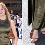Joey King in a full Ralph Lauren look, including the Alexandrea Burnished Sandal in RL Gold, at Wimbledon on Saturday.