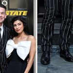 John Cena and his wife Shay Shariatzadeh, who wears Alaïa Transparent Mules, at a "Heads of State screening in London.