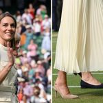Kate Middleton wearing Gianvito Rossi RIbbon Sling 85 Pumps in Nude Suede at Wimbledon on Saturday.