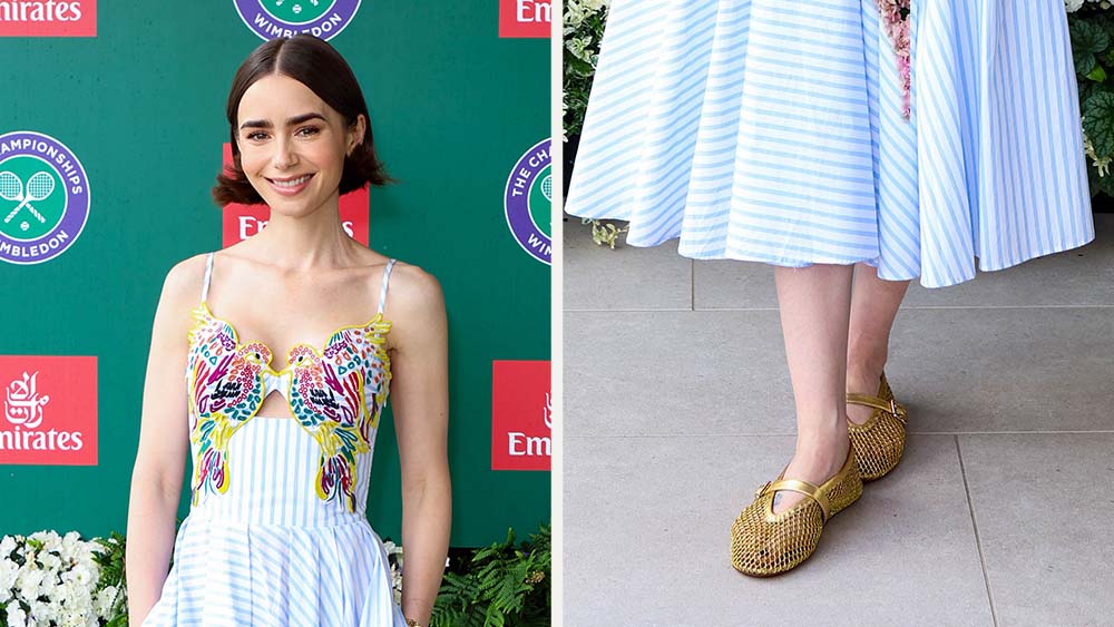 Lily Collins Embraces Mesh Shoe Trend in Gold Alaïa Flats at Wimbledon