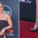 Lindsey Vonn wears Elisabetta Franchi suede platform sandals on the 2025 ESPY Awards red carpet.
