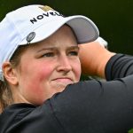 Kildare , Ireland - 6 July 2025; Lottie Woad of England watches her drive on the first tee box during day four of the 2025 KPMG Women
