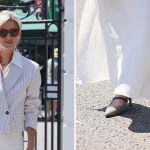 Nicky Hilton Rothschild wearing Brunello Cucinelli city heels in light grey at Wimbledon on Saturday.