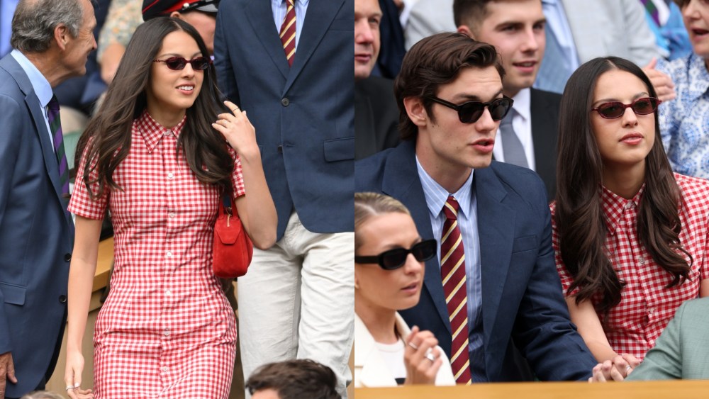 LONDON, ENGLAND - JULY 02: Actor, Louis Patridge and musician, Olivia Rodrigo are seen in the Royal Box prior to the Ladies' Singles second round match between Aryna Sabalenka and Marie Bouzkova of Czechia on day three of The Championships Wimbledon 2025 at All England Lawn Tennis and Croquet Club on July 02, 2025 in London, England. (Photo by Clive Brunskill/Getty Images)