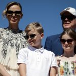 Prince Albert II of Monaco (R), his wife Princess Charlene of Monaco (L), and their children Gabriella and Jacques, look on as they arrive for a visit to Carladez, a former possession of the Principality of Monaco, in Mur-de-Barrez, southern France on July 9, 2025. (Photo by Valentine CHAPUIS / AFP) / NO TABLOIDS WEB & PRINT, NO DAILY MAIL, NO DAILY MAIL GROUP, NO VOICI, NO CLOSER (Photo by VALENTINE CHAPUIS/AFP via Getty Images)