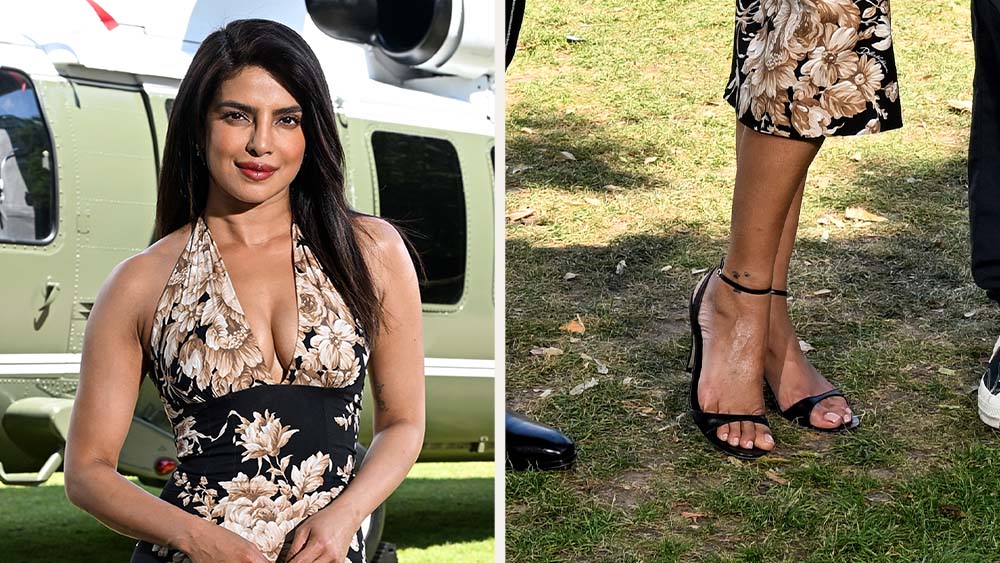 Priyanka Chopra Wears Vika Sandals With Floral Halter Dress in London