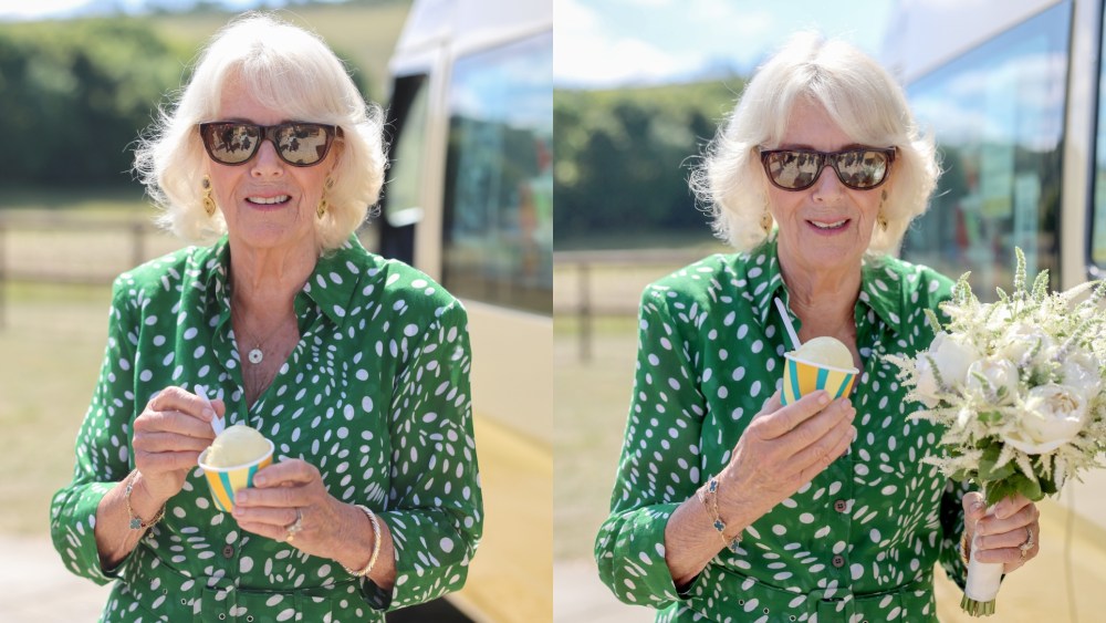 Queen Camilla Goes Green in Samantha Sung Dress in Calne, England