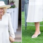 Queen Camilla wearing Eliot Zed Bea Fabric Beige Pumps during King George Racing Weekend on Saturday.