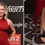 Rebecca Romijn wearing Ferragamo sandals with a graphic detail at the 2025 San Diego Comic-Con.
